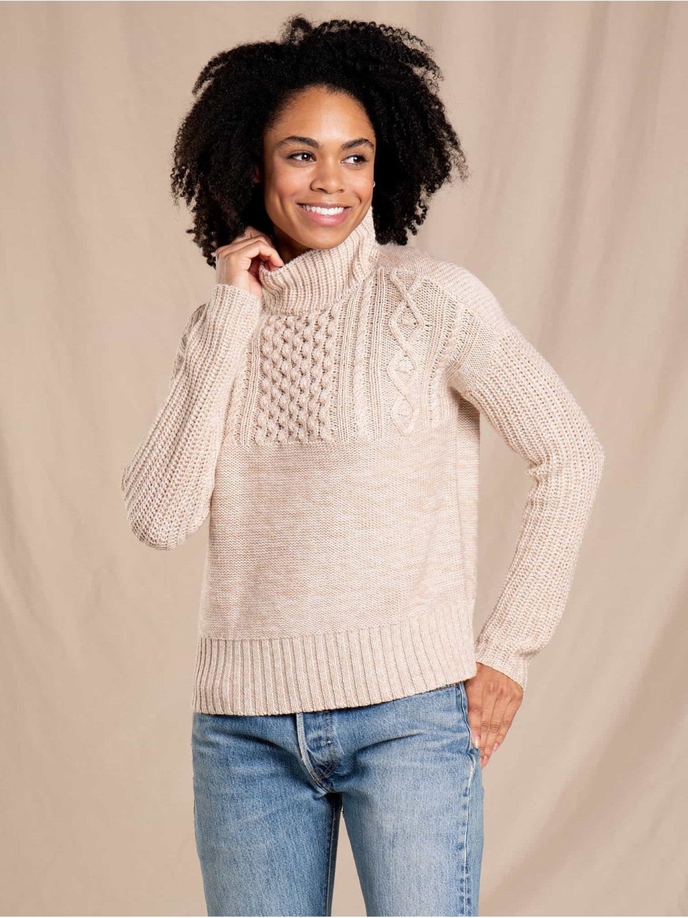 Toad & Co 100% Merino Wool Tupelo Cable Knit Mock Neck Sweater Medium Oatmeal